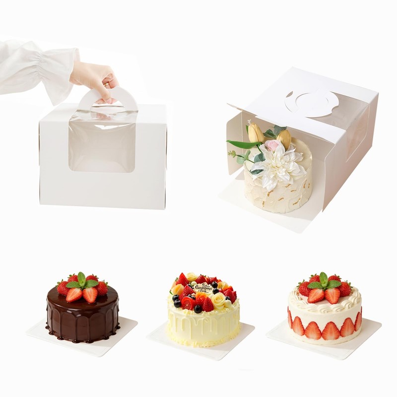 White Cardboard Bakery Cake Box Carrier Container Window Handle 10 PCS 8 Inch
