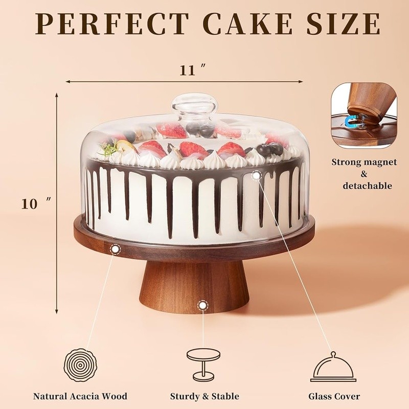 Magnetic Acacia Wood Cake Stand W/ Glass Dome Perfect Desserts & Charcuterie New gallery