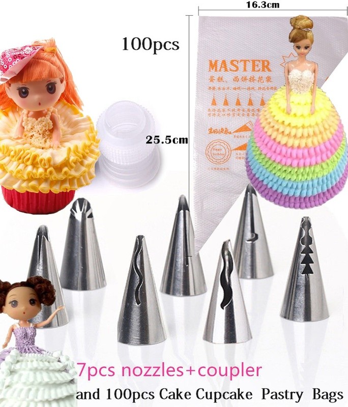 7pcs skirt nozzles+Coupler and 100pcs Cake Cupcake Pastry Bags