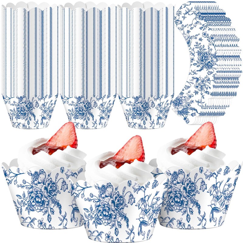 100 PCS Blue Floral Cupcake Wrappers Rustic Cupcake Liners Baking Cups Decor