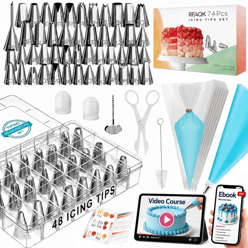 74 PCs Icing Piping Bags and Tips Set, Cake Decorating Kit with 48-Numbered P…