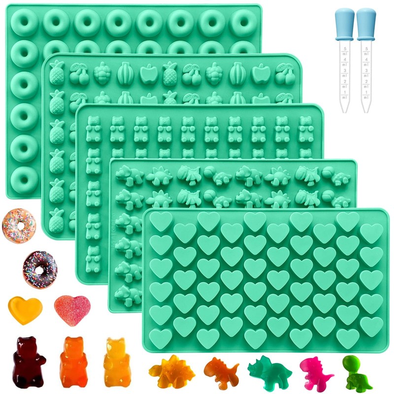 Silicone Gummy Molds Set of 5, Candy Molds Silicone with 2 Droppers