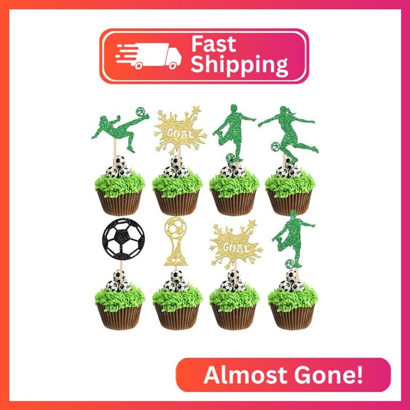 Rsstarxi 24 Pack Soccer Cupcake Toppers Glitter Football Goal Game Cupcake Picks