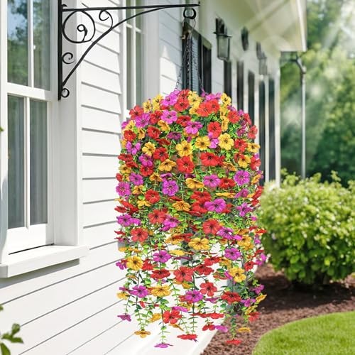 Artificial Hanging Flowers Plants Basket for Outdoors 2 Purple&yellow&red gallery
