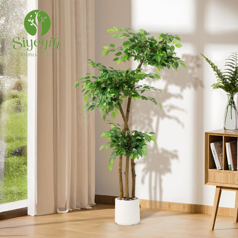 Siyegift 5Ft Artificial Ficus Tree White Planter And Pebblesfaux Silk Tree gallery