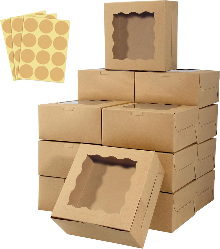 60 pcs Bakery Boxes with Window, 6 x 6 x 3 inches, Kraft Cookie Boxes Pastry Box
