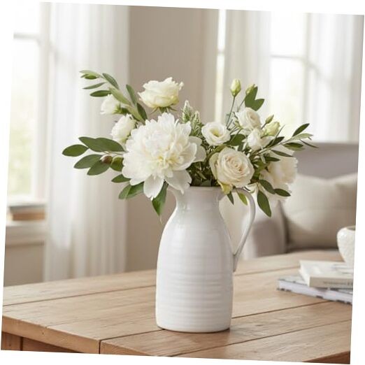 Farmhouse Pitcher Vase for Flowers- Ceramic Pitcher White White – Pitcher Vase