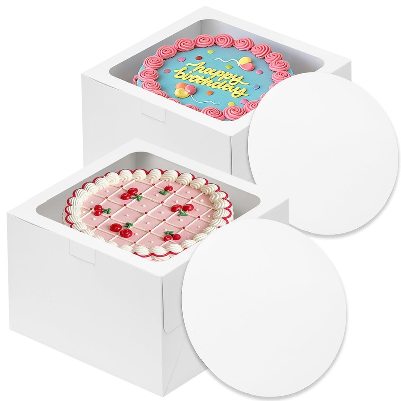 2 Pack Cake Boxes 10 Inch with Boards, 10x10x5 Inches White Cake Carrier Bake…