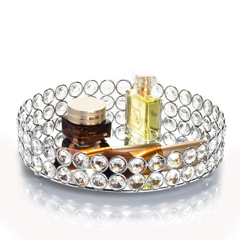 Feyarl Crystal Perfume Tray Cosmetic Makeup Vanity Jewelry 10.6″, Silver