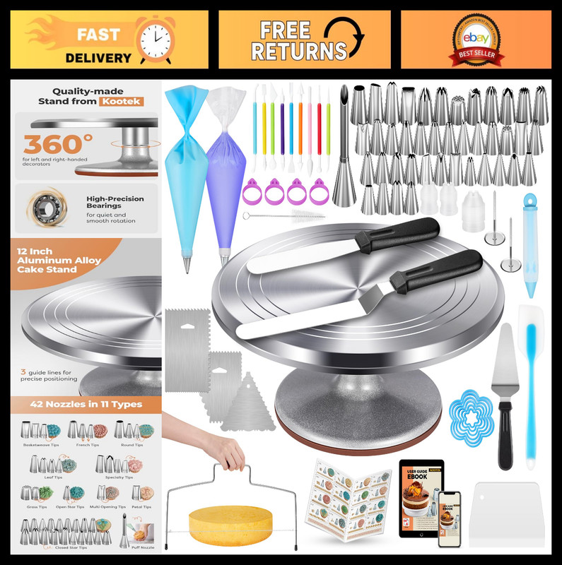 180 Pcs Cake Decorating Kit – Revolving Turntable, Numbered Tips & Frosting Tool