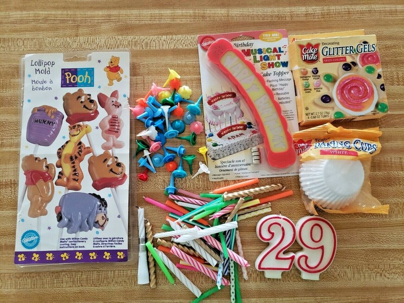 Lot of Assorted Birthday Related Cake Decorating Items Candles Gel Topper +More