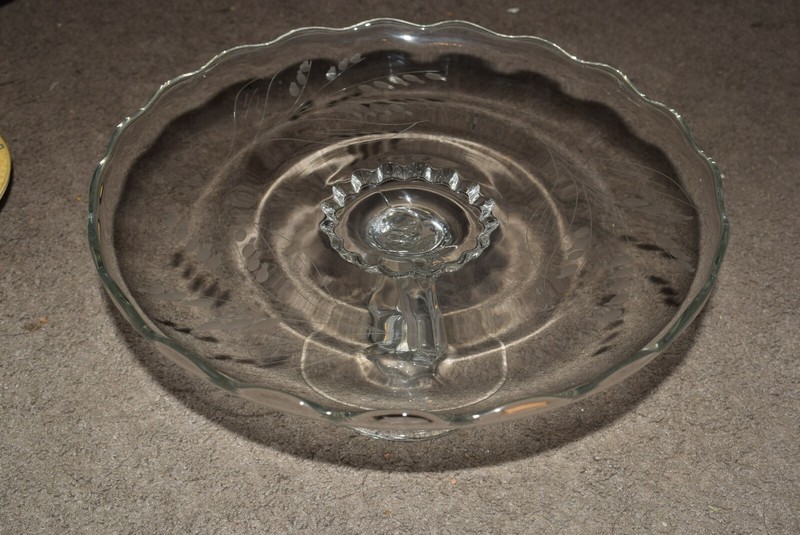 Vintage Clear Glass Pedestal Cake Plate Server Etched Floral Pattern
