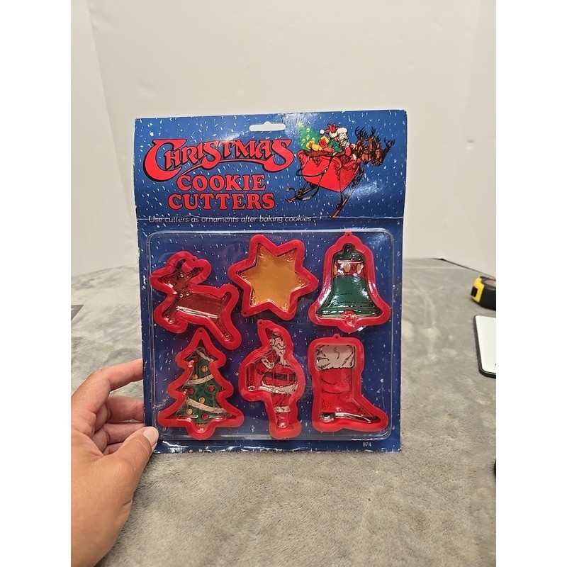 Vintage Christmas Cookie Cutters Set of 6 Red Plastic Ornaments Santa Tree Star