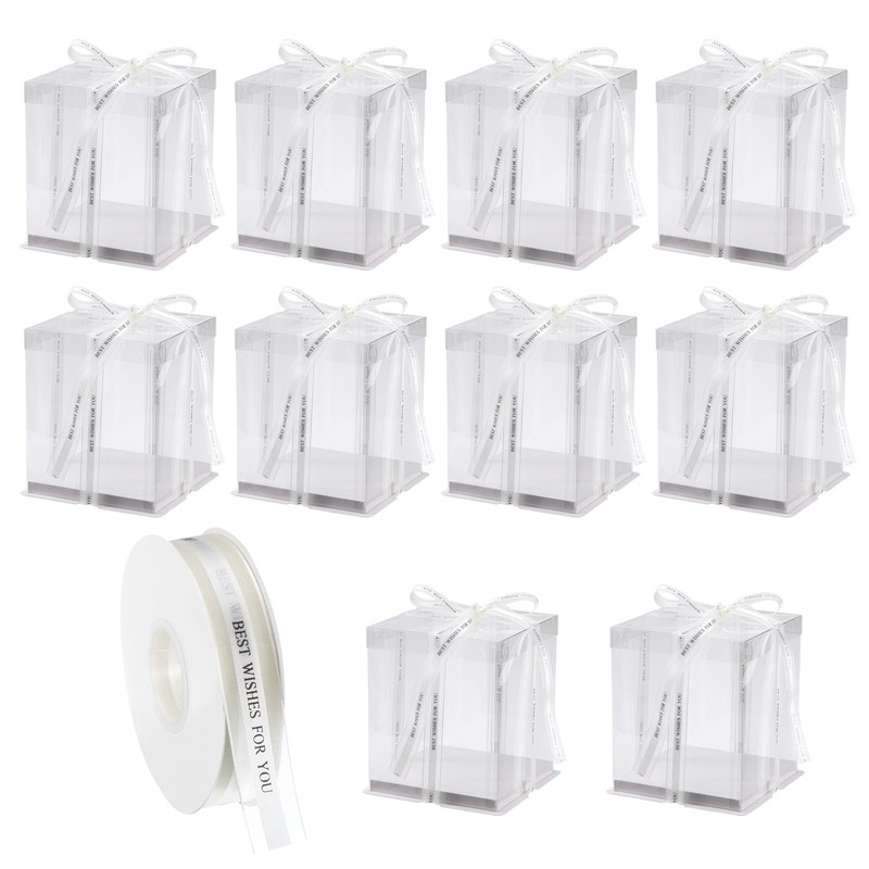 Clear Cake Box with Ribbon, 10Pcs 7″x7″x8″ for 8 Inch Cake Packing (White)