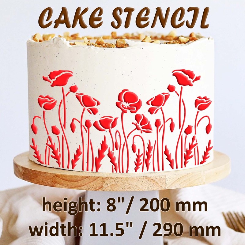 Poppy Flower Cake Stencil Reusable Cake Border Stencil for Buttercream, Airbrush