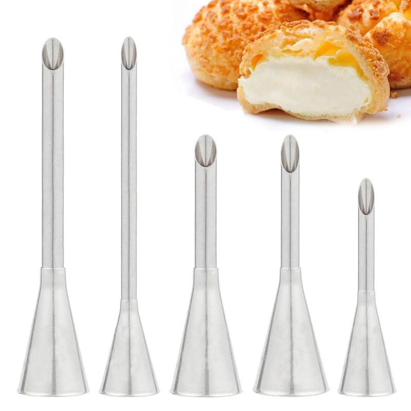 Cream Puff Icing Piping Nozzle Tips Stainless Steel Long Pastry Tool 5 PCS