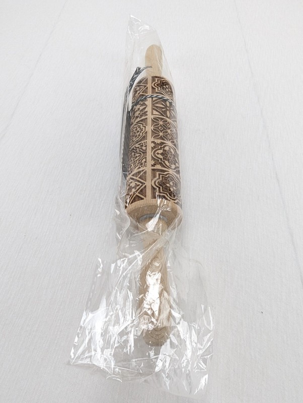 Gia Roma Beech Wood Rolling Pin & Cookie Cutter Boho Squares Handmade New gallery