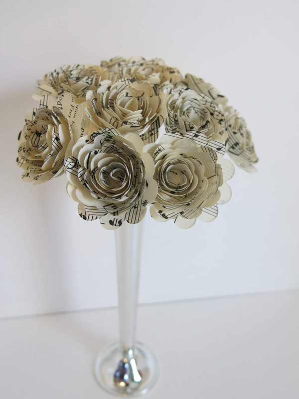 Always In Blossom Scalloped Quilled Sheet Music Paper Rose Bouquet One Dozen 3D gallery