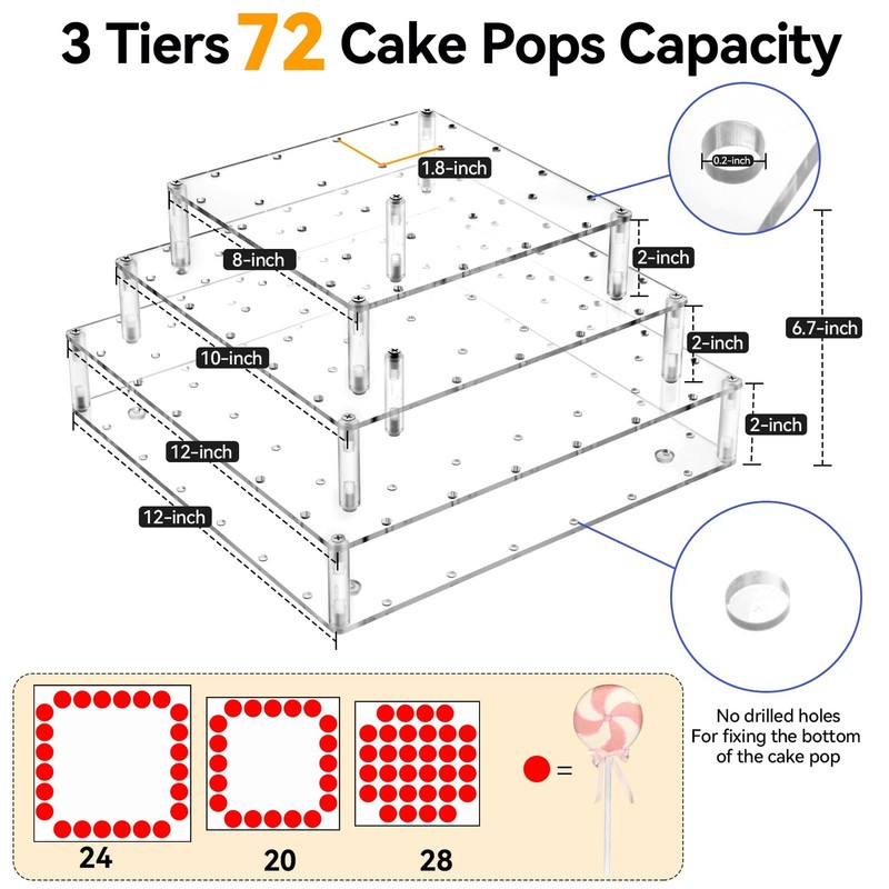 3 Tier Square Cake Pop Stand, 72 Holes, Lollipop Holder, Dessert Display, Party gallery