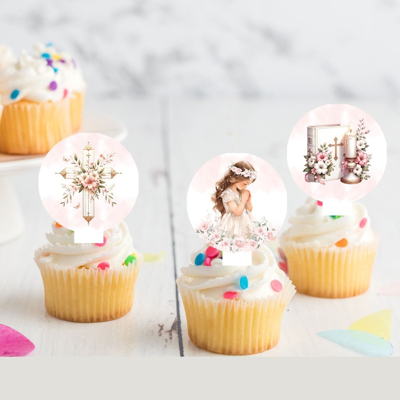 First Holy Communion Pre-cut Edible Stand-Up Wafer Card Cupcake Toppers