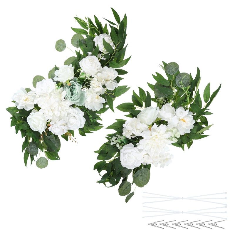 Wedding Flowers Bow, 2Pcs Artificial Silk Flowers, White/Green, Bandage Clip