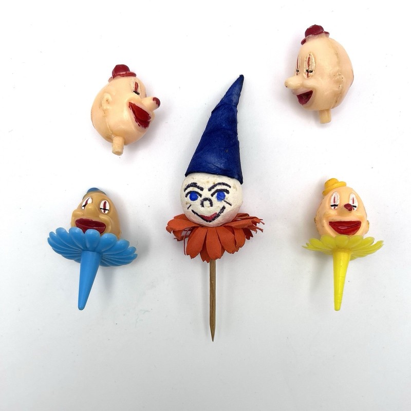 Vintage Clown Cake Toppers Picks Lot Spun Cotton Plastic Circus Head Doll Parts