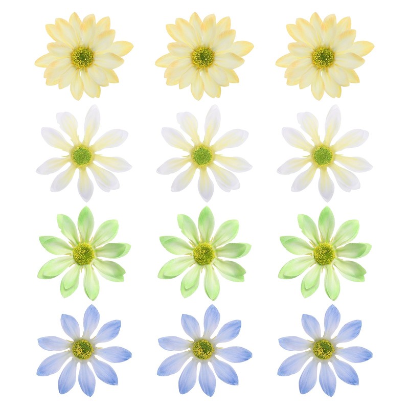 12 Pcs Artificial Daisies Flower Heads, White/Light Green/Light Yellow/Sky Blue