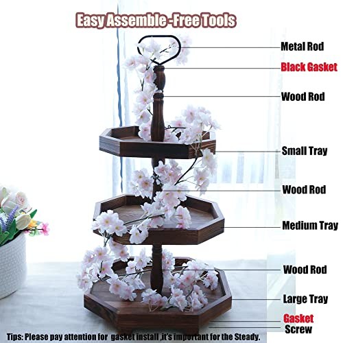 Tiered Tray Stand Wood Tier Serving Tray, Three Hexagonal-Dark Brown gallery