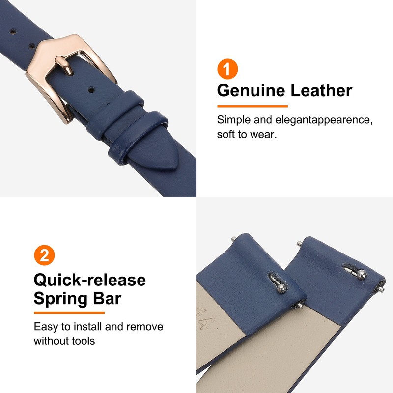 14mm Blue Leather Watch Straps with Rose Gold Buckle for Women gallery