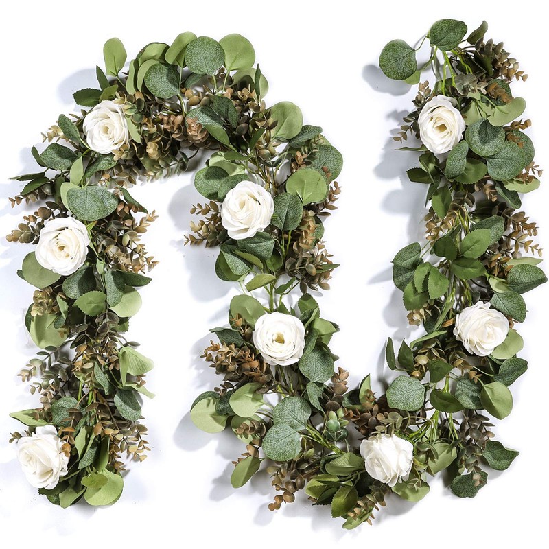 Der Rose 6.5Ft Artificial Flower Garland White Rose Eucalyptus Floral Garland