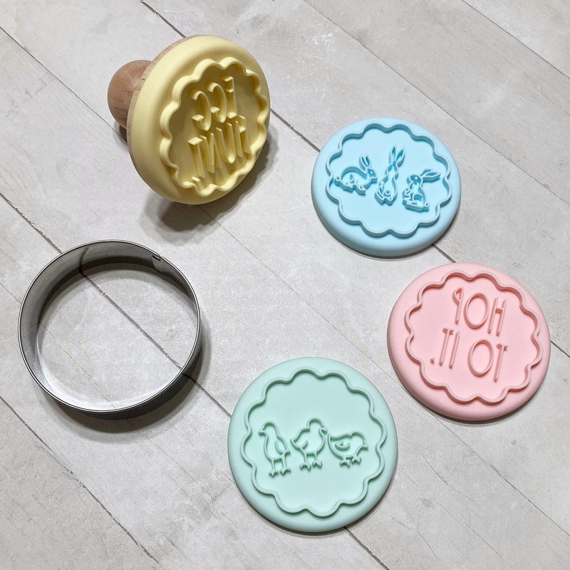 Rae Dunn Easter Cookie Stamp Cutter Set Silicone Wood Handle Spring Bunny gallery