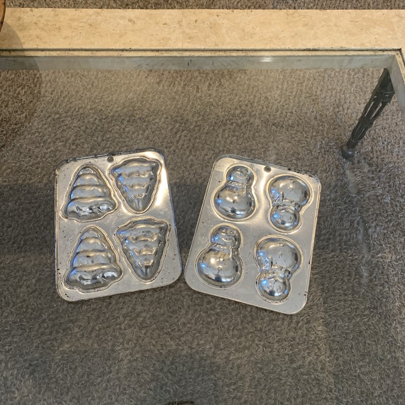 2 VTG Aluminum Christmas Holiday Cookie Molds Trays Retro Snowman Trees Kitchen