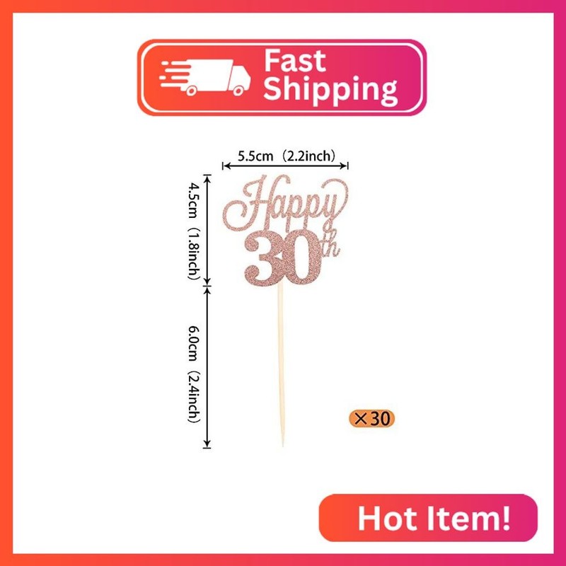 30 Pack Happy 30th Cupcake Toppers Glitter Number 30 Cheers to 30 Cupcake Picks gallery