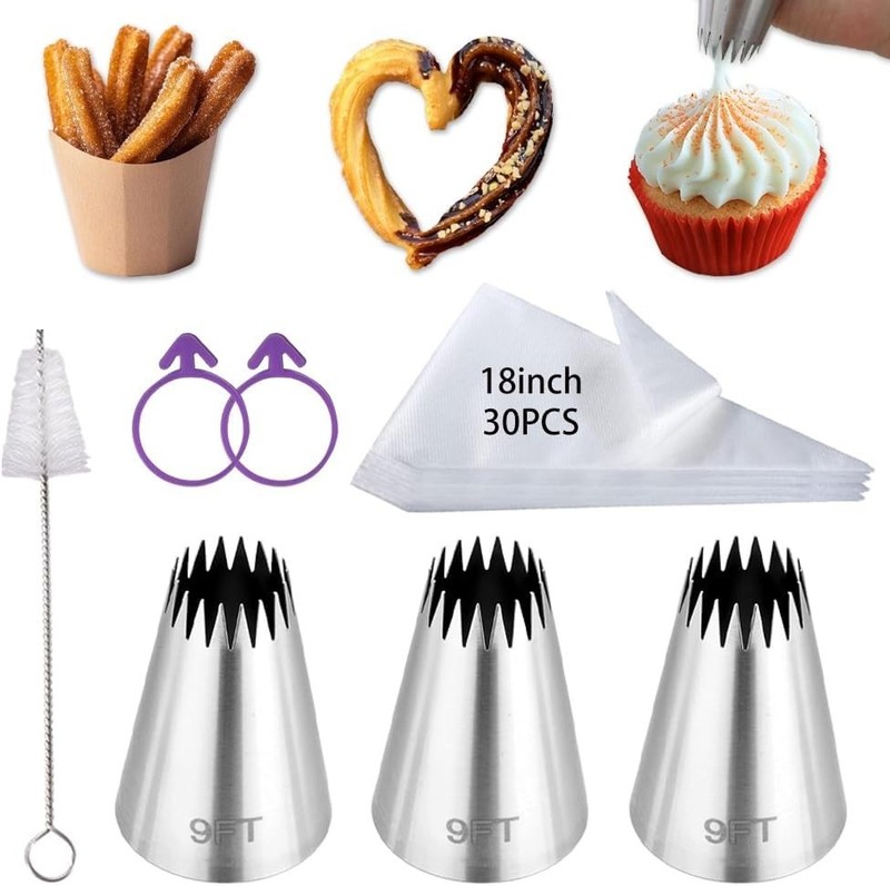 3Pcs Large Churro Piping Tips and Bags Set,9FT Pastry Tips with 30PACK 18Inch…