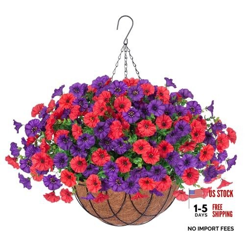 Artificial Fake Hanging Flowers with Basket for Outdoor Decor 12 Pcs Purple&red