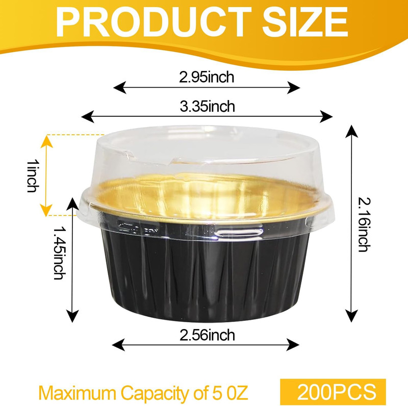200 Pcs Black Gold 5 OZ Aluminum Foil Baking Cups with Lids 5 round Disposable B gallery