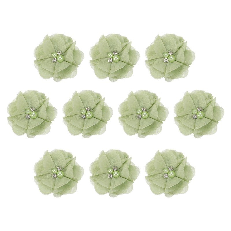 10Pcs 2″ Chiffon Flowers with Rhinestone Pearl Appliques Decorate Light Green
