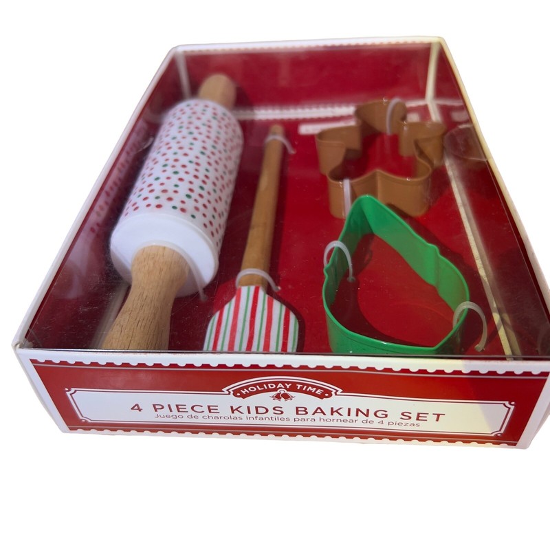 Holiday Time Kids Baking Set Rolling Pin Silicone Spatula 2 Cookie Cutters NIB gallery