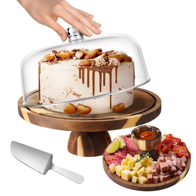 Acacia Wood Cake Stand with Lid – 12 Inch Acrylic Dome Cake Cover for Display…