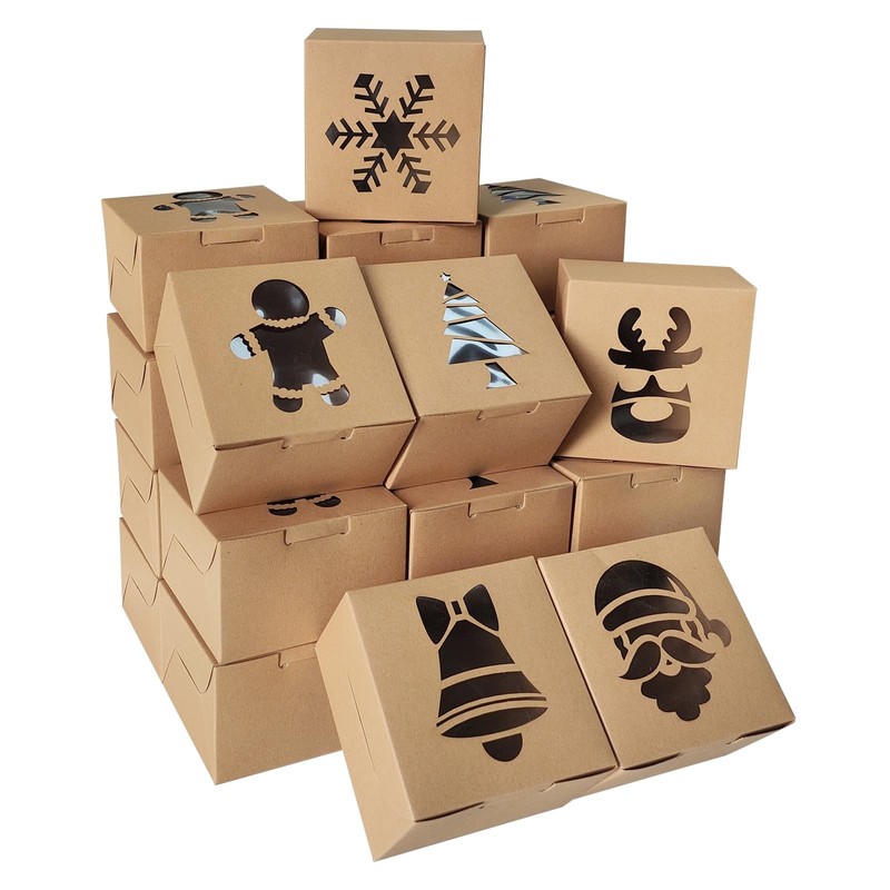 Christmas Craft Cookie Boxes, Brown Christmas Treat with Window Party Favor