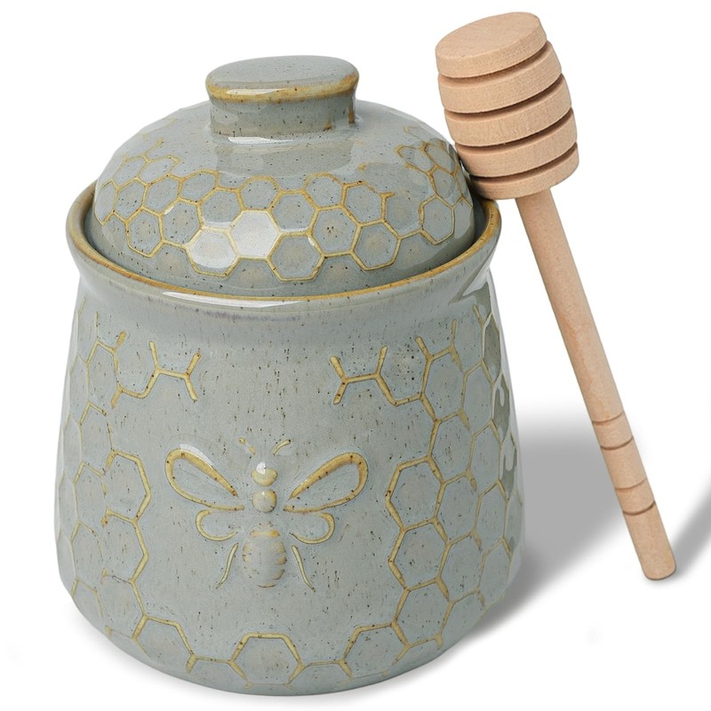 Honey Jar with Dipper and Lid, 10 OZ Ceramic Honey Pot With Bee, Farmhouse Ki…