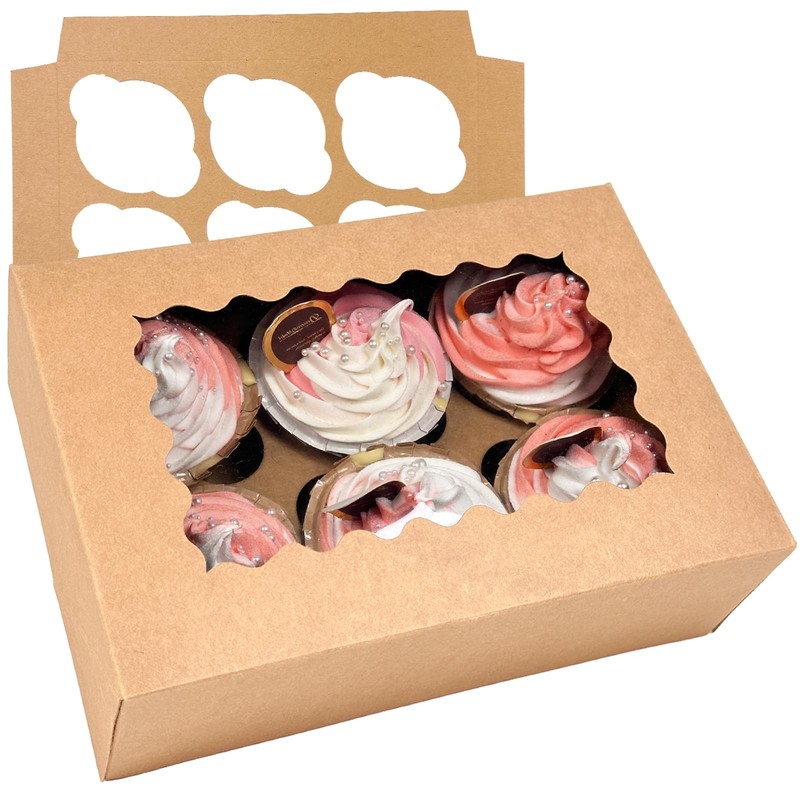 20 PCS Brown AutoPop Up 6 Cupcake Boxes Window 9.4×6.1×3 Inch Carriers