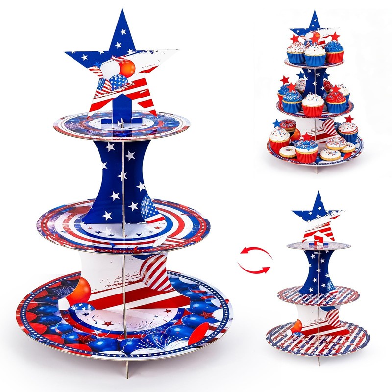 Patriotic Cupcake Stand,3 Tier July 4th Party Decorations,Red and Blue Star T…