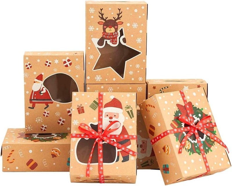 "Christmas Cookie Boxes,Kraft Treat Box with Window Ribbons for Bakery Candy Gif gallery