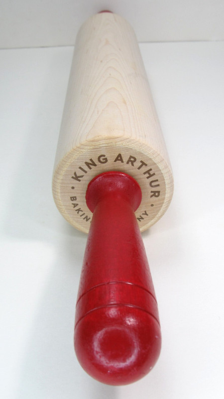 RARE King Arthur Flour Baking Wooden Maple Rolling Pin Wood Red Handles Kitchen gallery