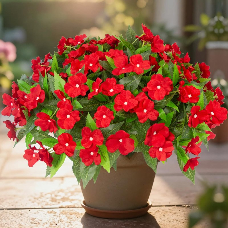 Artificial Impatiens Flowers Red 4Pcs UV Resistant Outdoor Silk Bushes Porch Dec gallery