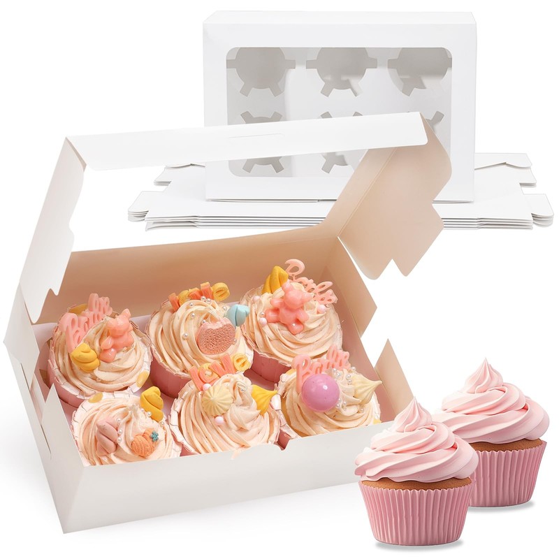 6 PCS White Cupcake Boxes Clear Window Carrier Sets 36 Total Capacity Bakery