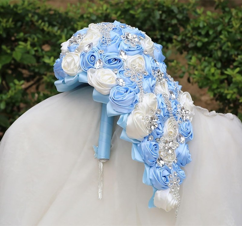 Mhojpik Luxury Cascade Bridal Wedding Bouquet Satin Rose Waterfall Holding gallery