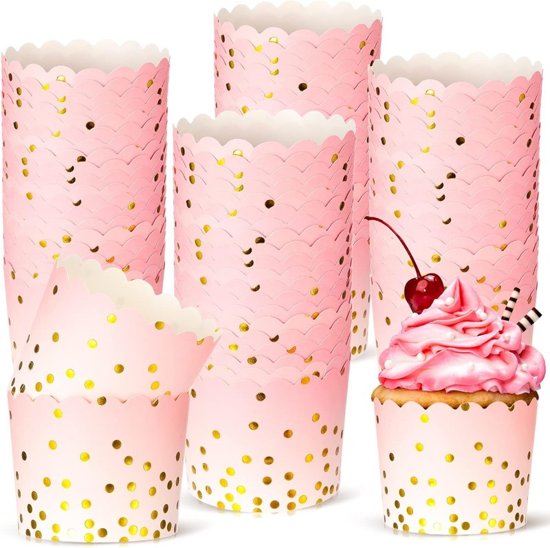 100 Pcs Pink Cupcake Liners 4.5 oz Gold Polka Dot Paper Baking Cups for Muffins