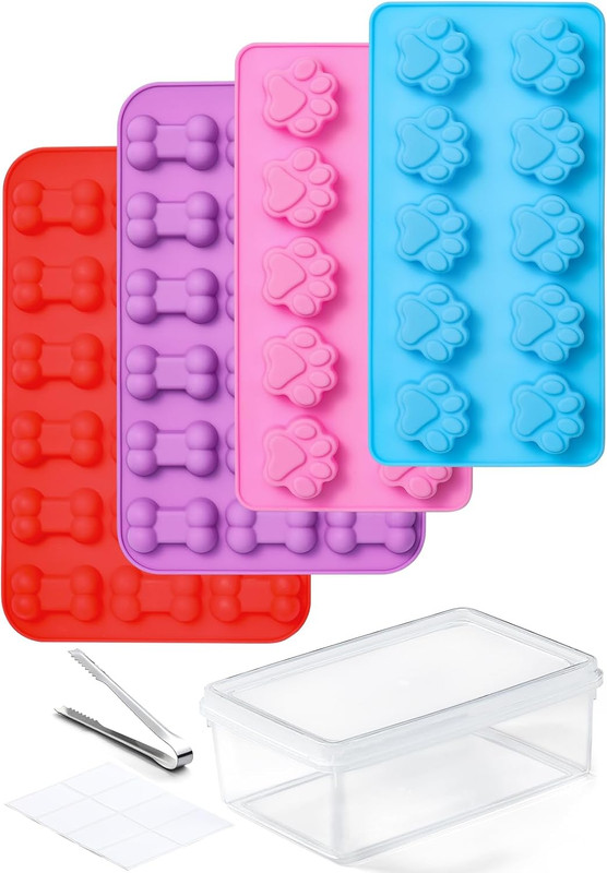 4 Pack Silicone Dog Treat Molds with Container and Ice Tong, Non-Stick Puppy Paw